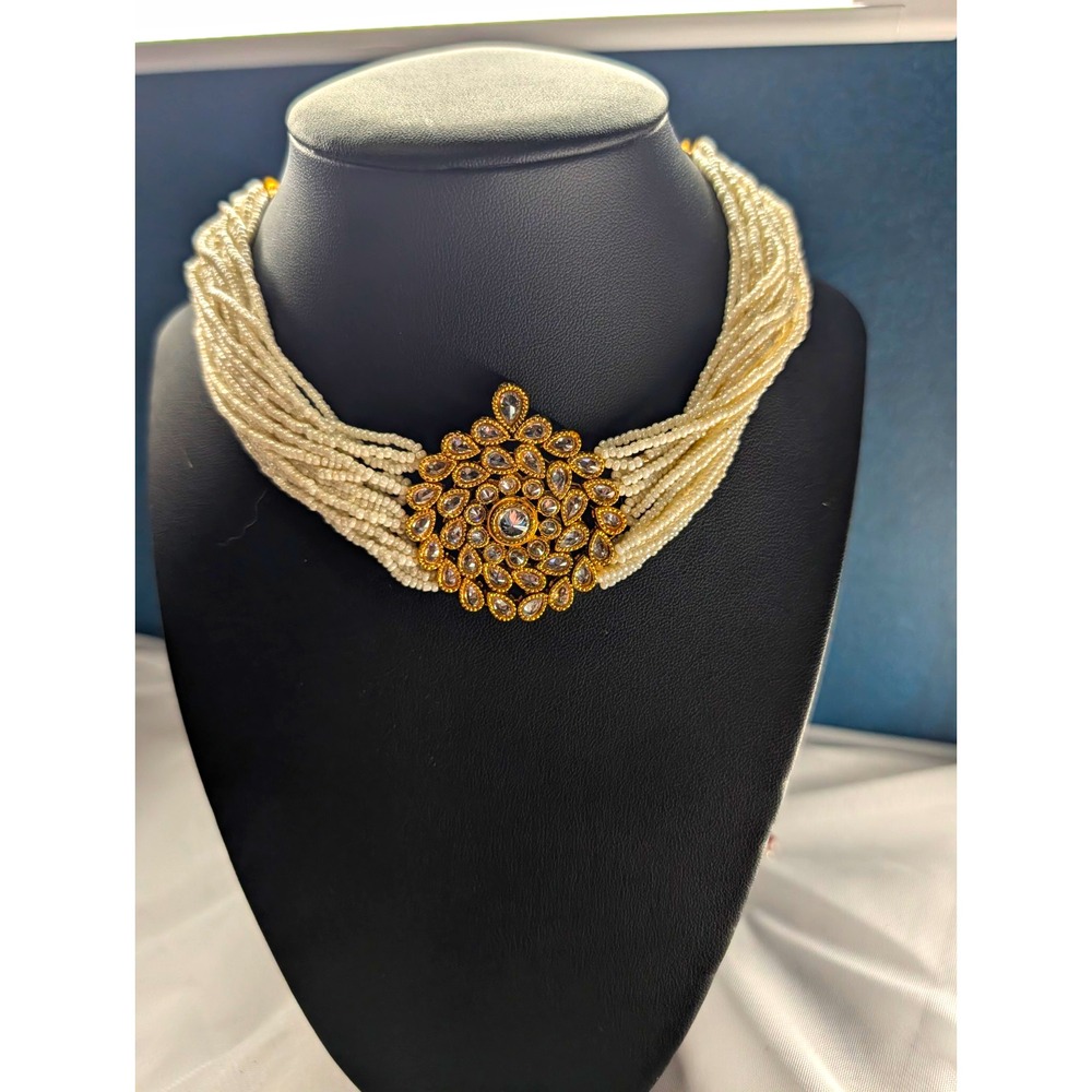 Vintage Indian Kundan Style Pearl Choker Necklace Multi Strand Statement Jewelry